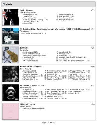 Music
433Sticky Fingers
The Rolling Stones
1. Brown Sugar (3:50)
2. Sway (3:53)
3. Wild Horses (5:44)
4. Can't You Hear Me Knocking (7:16)
5. You Gotta Move (2:34)
6. Bitch (3:38)
7. I Got the Blues (3:55)
8. Sister Morphine (5:35)
9. Dead Flowers (4:05)
10. Moonlight Mile (5:57)
43430 Greatest Hits - Sam Cooke Portrait of a Legend (1951-1964) [Remastered]
Sam Cooke
29. A Change Is Gonna Come (3:11)
435Santigold
Santigold
1. L.E.S. Artistes (3:25)
2. You'll Find a Way (3:01)
3. Shove It (feat. Spank Rock) (3:46)
4. Say Aha (3:35)
5. Creator (3:33)
6. My Superman (3:01)
7. Lights Out (3:13)
8. Starstruck (3:55)
9. Unstoppable (3:33)
10. I'm a Lady (feat. Trouble Andrew) (3:44)
11. Anne (3:29)
12. You'll Find a Way (Switch and Sinden… (3:13)
436Habits & Contradictions
ScHoolboy Q
1. Sacrilegious (3:31)
2. There He Go (3:20)
3. Hands On the Wheel…(3:17)
4. Sex Drive (feat. Jhen…(3:22)
5. Oxy Music (3:48)
6. My Hatin' Joint (4:15)
7. Tookie Knows (Inter… (1:26)
8. Raymond 1969 (4:51)
9. Sexting (3:22)
10. Grooveline, Pt. 1 (fe… (5:00)
11. Gangsta In Designer…(3:47)
12. How We Feeling (3:12)
13. Druggys Wit Hoes A… (3:39)
14. Nightmare On Figg St.(3:36)
15. My Homie (3:47)
16. Blessed (feat. Kendr… (5:03)
17. NiggaHs.Already.Kn… (3:53)
18. 2 Raw (feat. Jay Rock) (4:39)
437Oxymoron (Deluxe Version)
ScHoolboy Q
1. Gangsta (3:52)
2. Los Awesome (feat.… (4:13)
3. Collard Greens (feat… (5:00)
4. What They Want (fea…(4:27)
5. Hoover Street (6:36)
6. Studio (feat. BJ the… (4:38)
7. Prescription/Oxymo…(7:10)
8. The Purge (feat. Tyl… (4:54)
9. Blind Threats (feat.… (4:30)
10. Hell of a Night (4:32)
11. Break the Bank (5:55)
13. His & Her Friend (fe… (2:55)
14. Grooveline, Pt. 2 (fe… (4:18)
15. Fuck LA (3:21)
16. Gravy (2:28)
438Shield of Thorns
Shawn Smith
4. Wrapped In My Memory (3:29)
Page 73 of 89
 