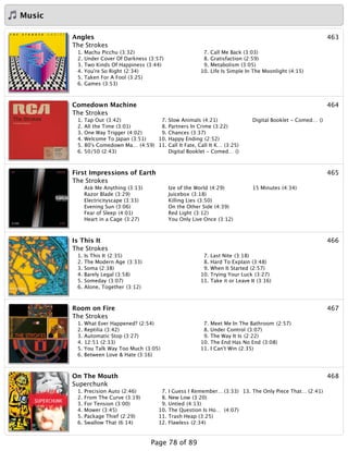 Music
463Angles
The Strokes
1. Machu Picchu (3:32)
2. Under Cover Of Darkness (3:57)
3. Two Kinds Of Happiness (3:44)
4. You're So Right (2:34)
5. Taken For A Fool (3:25)
6. Games (3:53)
7. Call Me Back (3:03)
8. Gratisfaction (2:59)
9. Metabolism (3:05)
10. Life Is Simple In The Moonlight (4:15)
464Comedown Machine
The Strokes
1. Tap Out (3:42)
2. All the Time (3:01)
3. One Way Trigger (4:02)
4. Welcome To Japan (3:51)
5. 80's Comedown Ma… (4:59)
6. 50/50 (2:43)
7. Slow Animals (4:21)
8. Partners In Crime (3:22)
9. Chances (3:37)
10. Happy Ending (2:52)
11. Call It Fate, Call It K… (3:25)
Digital Booklet - Comed… ()
Digital Booklet - Comed… ()
465First Impressions of Earth
The Strokes
Ask Me Anything (3:13)
Razor Blade (3:29)
Electricityscape (3:33)
Evening Sun (3:06)
Fear of Sleep (4:01)
Heart in a Cage (3:27)
Ize of the World (4:29)
Juicebox (3:18)
Killing Lies (3:50)
On the Other Side (4:39)
Red Light (3:12)
You Only Live Once (3:12)
15 Minutes (4:34)
466Is This It
The Strokes
1. Is This It (2:35)
2. The Modern Age (3:33)
3. Soma (2:38)
4. Barely Legal (3:58)
5. Someday (3:07)
6. Alone, Together (3:12)
7. Last Nite (3:18)
8. Hard To Explain (3:48)
9. When It Started (2:57)
10. Trying Your Luck (3:27)
11. Take it or Leave It (3:16)
467Room on Fire
The Strokes
1. What Ever Happened? (2:54)
2. Reptilia (3:42)
3. Automatic Stop (3:27)
4. 12:51 (2:33)
5. You Talk Way Too Much (3:05)
6. Between Love & Hate (3:16)
7. Meet Me In The Bathroom (2:57)
8. Under Control (3:07)
9. The Way It Is (2:22)
10. The End Has No End (3:08)
11. I Can't Win (2:35)
468On The Mouth
Superchunk
1. Precision Auto (2:46)
2. From The Curve (3:19)
3. For Tension (3:00)
4. Mower (3:45)
5. Package Thief (2:29)
6. Swallow That (6:14)
7. I Guess I Remember… (3:33)
8. New Low (3:20)
9. Untied (4:13)
10. The Question Is Ho… (4:07)
11. Trash Heap (3:25)
12. Flawless (2:34)
13. The Only Piece That… (2:41)
Page 78 of 89
 