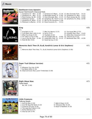 Music
469Beethoven Lives Upstairs
Susan Hammond's Classical Kids
1. Symphony #7 - Mov…(2:18)
2. Symphony #5 - Mov…(2:31)
3. Piano Sonata, Op 90…(4:09)
4. Pathetique Sonata,… (1:49)
5. Symphony #5, Move…(3:12)
6. Polonaise; la Marmo…(3:52)
7. Sonatina In G Major;…(5:14)
8. Moonlight Sonata, O…(2:40)
9. Flute Serenade, Mov…(1:57)
10. Symphony #6, 'Storm' (2:53)
11. Nel Cor Piu Variations (1:58)
12. Piano Concerto #1,… (3:21)
13. Bass Excerpts from… (4:17)
14. Symphony # 9, Mov… (3:47)
15. Piano Sonata Op 49,…(2:00)
16. Symphony # 6, Shep…(0:46)
470King
T.I.
1. King Back (4:13)
2. Front Back (feat. UGK) (3:43)
3. What You Know (4:34)
4. I'm Talkin' to You (5:06)
5. Live In the Sky (feat.…(5:46)
6. Ride Wit Me (4:05)
7. Why You Wanna (3:37)
8. Get It (3:41)
9. Top Back (4:42)
10. I'm Straight (feat. B… (4:40)
11. Undertaker (feat. Yo…(4:13)
12. Stand Up Guy (3:16)
13. You Know Who (2:55)
14. Goodlife (feat. Pharr…(3:42)
15. Hello (feat. Governor) (3:35)
16. Told You So (4:23)
17. Bankhead (feat. P$C… (4:26)
471Memories Back Then (ft. B.o.B, Kendrick Lamar & Kris Stephens)
T.I.
1. Memories Back Then (feat. T.I., B.o.B, Kendrick Lamar & Kris Stephens) (5:06)
472Paper Trail (Deluxe Version)
T.I.
6. Whatever You Like (4:09)
7. No Matter What (5:16)
16. Dead and Gone (feat. Justin Timberlake) (5:00)
473Right About Now
Talib Kweli
Ms. Hill (3:46)
474Little Creatures
Talking Heads
1. And She Was (3:39)
2. Give Me Back My Name (3:22)
3. Creatures Of Love (4:16)
4. The Lady Don't Mind (3:59)
5. Perfect World (4:27)
6. Stay Up Late (3:44)
7. Walk It Down (4:45)
8. Television Man (6:10)
9. Road To Nowhere (4:19)
Page 79 of 89
 
