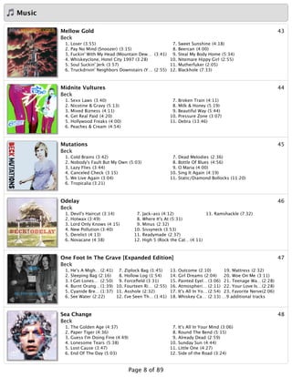 Music
43Mellow Gold
Beck
1. Loser (3:55)
2. Pay No Mind (Snoozer) (3:15)
3. Fuckin' With My Head (Mountain Dew… (3:41)
4. Whiskeyclone, Hotel City 1997 (3:28)
5. Soul Suckin' Jerk (3:57)
6. Truckdrivin' Neighbors Downstairs (Y… (2:55)
7. Sweet Sunshine (4:18)
8. Beercan (4:00)
9. Steal My Body Home (5:34)
10. Nitemare Hippy Girl (2:55)
11. Mutherfuker (2:05)
12. Blackhole (7:33)
44Midnite Vultures
Beck
1. Sexx Laws (3:40)
2. Nicotine & Gravy (5:13)
3. Mixed Bizness (4:11)
4. Get Real Paid (4:20)
5. Hollywood Freaks (4:00)
6. Peaches & Cream (4:54)
7. Broken Train (4:11)
8. Milk & Honey (5:19)
9. Beautiful Way (5:44)
10. Pressure Zone (3:07)
11. Debra (13:46)
45Mutations
Beck
1. Cold Brains (3:42)
2. Nobody's Fault But My Own (5:03)
3. Lazy Flies (3:44)
4. Canceled Check (3:15)
5. We Live Again (3:04)
6. Tropicalia (3:21)
7. Dead Melodies (2:36)
8. Bottle Of Blues (4:56)
9. O Maria (4:00)
10. Sing It Again (4:19)
11. Static/Diamond Bollocks (11:20)
46Odelay
Beck
1. Devil's Haircut (3:14)
2. Hotwax (3:49)
3. Lord Only Knows (4:15)
4. New Pollution (3:40)
5. Derelict (4:13)
6. Novacane (4:38)
7. Jack-ass (4:12)
8. Where It's At (5:31)
9. Minus (2:32)
10. Sissyneck (3:53)
11. Readymade (2:37)
12. High 5 (Rock the Cat…(4:11)
13. Ramshackle (7:32)
47One Foot In The Grave [Expanded Edition]
Beck
1. He's A Migh… (2:41)
2. Sleeping Bag (2:16)
3. I Get Lones… (2:50)
4. Burnt Orang…(1:39)
5. Cyanide Bre… (1:37)
6. See Water (2:22)
7. Ziplock Bag (1:45)
8. Hollow Log (1:54)
9. Forceﬁeld (3:31)
10. Fourteen Ri… (2:55)
11. Asshole (2:32)
12. I've Seen Th… (1:41)
13. Outcome (2:10)
14. Girl Dreams (2:04)
15. Painted Eyel… (3:06)
16. Atmospheri… (2:11)
17. It's All In Yo… (2:54)
18. Whiskey Ca… (2:13)
19. Mattress (2:32)
20. Woe On Me (3:11)
21. Teenage Wa…(2:28)
22. Your Love Is…(2:28)
23. Favorite Nerve(2:06)
…9 additional tracks
48Sea Change
Beck
1. The Golden Age (4:37)
2. Paper Tiger (4:36)
3. Guess I'm Doing Fine (4:49)
4. Lonesome Tears (5:38)
5. Lost Cause (3:47)
6. End Of The Day (5:03)
7. It's All In Your Mind (3:06)
8. Round The Bend (5:15)
9. Already Dead (2:59)
10. Sunday Sun (4:44)
11. Little One (4:27)
12. Side of the Road (3:24)
Page 8 of 89
 