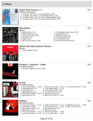 Music
505Chopin Piano Sonatas 1-3
Vladimir Ashkenazy
4. 12 Etudes, Op.10: No. 4. In C Sharp Minor (2:04)
5. 12 Etudes, Op.10: No. 5. In G Flat "Black Keys" (1:40)
21. 12 Etudes, Op.25: No. 9 In G Flat, "Butterﬂy Wings" (0:56)
23. 12 Etudes, Op.25: No. 11 In a Minor "Winter Wind" (3:46)
506Make Believe
Weezer
1. Beverly Hills (3:16)
2. Perfect Situation (4:14)
3. This Is Such a Pity (3:24)
4. Hold Me (4:23)
5. Peace (3:54)
6. We Are All On Drugs (3:34)
7. The Damage In Your Heart (4:03)
8. Pardon Me (4:16)
9. My Best Friend (2:48)
10. The Other Way (3:17)
11. Freak Me Out (3:27)
12. Haunt You Every Day (4:37)
507Weezer (Red Album) [Deluxe Edition]
Weezer
3. Pork and Beans (3:09)
508Conquest / Conquista - Single
The White Stripes
1. Conquista (Spanish Version) (2:48)
509De Stijl
The White Stripes
1. You're Pretty Good… (1:50)
2. Hello Operator (2:37)
3. Little Bird (3:07)
4. Apple Blossom (2:13)
5. I'm Bound To Pack It…(3:10)
6. Death Letter (4:30)
7. Sister, Do You Know…(2:52)
8. Truth Doesn't Make… (3:15)
9. A Boy's Best Friend (4:22)
10. Let's Build A Home (1:59)
11. Jumble, Jumble (1:54)
12. Why Can't You Be Ni…(3:22)
13. Your Southern Can I… (2:30)
510Elephant
The White Stripes
9. The Hardest Button… (3:32)
10. Little Acorns (4:09)
1. Seven Nation Army (3:52)
2. Black Math (3:04)
3. There's No Home Fo…(3:44)
4. I Just Don't Know W… (2:47)
6. I Want To Be The Bo… (3:21)
7. You've Got Her In Y… (3:40)
8. Ball And Biscuit (7:19)
11. Hypnotize (1:48)
12. The Air Near My Fin… (3:40)
13. Girl, You Have No F… (3:18)
14. Well It's True That… (3:40)
15. Who's To Say (4:36)
Page 85 of 89
 