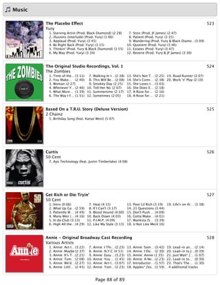 Music
523The Placebo Effect
Yury
1. Starving Artist (Prod. Black Diamond) (2:28)
2. illusions (interlude) (Prod. Yury) (1:06)
3. Applaud (Prod. Yury) (3:45)
4. Be Right Back (Prod. Yury) (3:15)
5. Thinkin' (Prod. Yury & Black Diamond) (3:55)
6. My Way (Prod. Yury) (3:34)
7. Stoic (Prod. JF James) (2:47)
8. Patient (Prod. Yury) (3:35)
9. Wandering (Prod. Yury & Black Diamo…(3:09)
10. Quotient (Prod. Yury) (3:46)
11. Estates (Prod. Yury) (3:47)
12. Reverie (Prod. Yury & JF James) (3:30)
524The Original Studio Recordings, Vol. 1
The Zombies
1. Time of the… (3:11)
2. You Make… (2:40)
3. Woman (2:27)
4. Whenever Y…(2:46)
5. What More… (1:39)
6. The Way I F… (1:51)
7. Walking In t…(2:38)
8. This Will Be… (2:08)
9. Smokey Day (2:25)
10. Tell Her No (2:07)
11. Summertime (2:17)
12. Sometimes (2:05)
13. She's Not T… (2:25)
14. She's Comi… (2:38)
15. She Loves t… (3:03)
16. She Does E… (2:18)
17. A Rose for… (2:16)
18. A Rose for… (2:21)
19. Road Runner (2:07)
20. Work 'n' Play (2:10)
525Based On a T.R.U. Story (Deluxe Version)
2 Chainz
5. Birthday Song (feat. Kanye West) (5:07)
526Curtis
50 Cent
7. Ayo Technology (feat. Justin Timberlake) (4:08)
527Get Rich or Die Tryin'
50 Cent
1. Intro (0:06)
2. What Up Ga…(2:59)
3. Patiently W… (4:49)
4. Many Men (… (4:16)
5. In da Club (3:13)
6. High All the…(4:29)
7. Heat (4:15)
8. If I Can't (3:17)
9. Blood Hound (4:00)
10. Back Down (4:03)
11. P.I.M.P. (4:09)
12. Like My Style (3:13)
13. Poor Lil Rich (3:19)
14. 21 Questions (3:44)
15. Don't Push… (4:09)
16. Gotta Make… (4:01)
17. Wanksta (S… (3:39)
18. U Not Like Me(4:16)
19. Life's on th… (3:38)
528Annie - Original Broadway Cast Recording
Various Artists
1. Annie: Act I… (3:22)
2. Annie: Maybe (2:37)
3. Annie: It's T…(2:21)
4. Annie: Tom… (2:08)
5. Annie: We'd…(2:27)
6. Annie: Littl… (2:43)
7. Annie: I Thi… (2:23)
8. Annie: N.Y.C (4:51)
9. Annie: Easy… (3:23)
10. Annie: You… (1:45)
11. Annie: Act I… (3:07)
12. Annie: Tom… (2:23)
13. Annie: Som… (3:42)
14. Annie: I Do… (2:30)
15. Annie: Annie (1:35)
16. Annie: A Ne…(2:23)
17. Introductor… (1:57)
18. Apples* [Vo…(1:59)
19. Lead-in an… (2:14)
20. Lead-in to J…(0:39)
21. Just Wait* [… (1:07)
22. Lead-in to… (0:30)
23. That's The… (1:30)
…4 additional tracks
Page 88 of 89
 