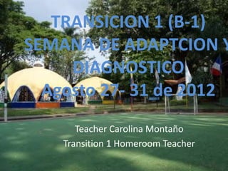 TRANSICION 1 (B-1)
SEMANA DE ADAPTCION Y
     DIAGNOSTICO
  Agosto 27- 31 de 2012
       Teacher Carolina Montaño
    Transition 1 Homeroom Teacher
 
