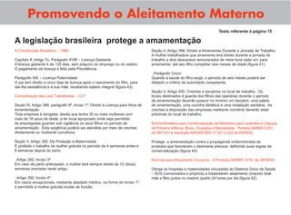 Promovendo o Aleitamento Materno
Texto referente à página 15
A Constituição Brasileira – 1988
Capítulo II, Artigo 7o, Parágrafo XVIII – Licença Gestante
A licença gestante é de 120 dias, sem prejuízo do emprego ou do salário.
O pagamento da licença é feito pela Previdência.
Parágrafo XIX – Licença Paternidade
O pai tem direito a cinco dias de licença após o nascimento do ﬁlho, para
dar-lhe assistência e à sua mãe, recebendo salário integral (ﬁgura 43).
Consolidação das Leis Trabalhistas – CLT
Seção IV, Artigo 389, parágrafo 9º, Inciso 1º: Direito à Licença para Hora de
Amamentação
Toda empresa é obrigada, desde que tenha 30 ou mais mulheres com
mais de 16 anos de idade, a ter local apropriado onde seja permitido
às empregadas guardar sob vigilância os seus ﬁlhos no período de
amamentação. Esta exigência poderá ser atendida por meio de creches
diretamente ou mediante convênios.
Seção V, Artigo 392: Da Proteção à Maternidade
É proibido o trabalho da mulher grávida no período de 4 semanas antes e
8 semanas depois do parto.
. Artigo 392, Inciso 3º:
Em caso de parto antecipado, a mulher terá sempre direito às 12 (doze)
semanas previstas neste artigo.
. Artigo 392, Inciso 4º:
Em casos excepcionais, mediante atestado médico, na forma do Inciso 1º,
é permitido à mulher grávida mudar de função.
Seção V, Artigo 396: Direito a Amamentar Durante a Jornada de Trabalho.
A mulher trabalhadora que amamenta terá direito durante a jornada de
trabalho a dois descansos remunerados de meia hora cada um, para
amamentar, até seu ﬁlho completar seis meses de idade (ﬁgura 41).
. Parágrafo Único:
Quando a saúde do ﬁlho exigir, o período de seis meses poderá ser
dilatado a critério de autoridade competente.
Seção V, Artigo 400: Creches e berçários no local de trabalho. Os
locais destinados à guarda dos ﬁlhos das operárias durante o período
de amamentação deverão possuir no mínimo um berçário, uma saleta
de amamentação, uma cozinha dietética e uma instalação sanitária. As
creches à disposição das empresas mediante convênio deverão estar
próximas do local de trabalho.
Norma Brasileira para Comercialização de Alimentos para Lactentes e Crianças
de Primeira Infância, Bicos, Chupetas e Mamadeiras. Portaria GM/MS 2.051,
de 08/11/01 e resolução ANVISA RDC nº 221 e 222 de 05/08/02
Protege a amamentação contra a propaganda indiscriminada de
produtos que favorecem o desmame precoce, deﬁnindo suas regras de
comercialização (ﬁgura 44).
Normas para Alojamento Conjunto. A Portaria GM/MS 1016, de 26/08/92
Obriga os hospitais e maternidades vinculadas ao Sistema Único de Saúde
– SUS (conveniados e próprios) a implantarem alojamento conjunto total:
mãe e ﬁlho juntos no mesmo quarto 24 horas por dia (ﬁgura 42).
A legislação brasileira protege a amamentação
 