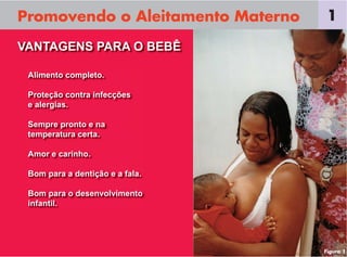 Promovendo o Aleitamento Materno
Alimento completo.
Proteção contra infecções
e alergias.
Sempre pronto e na
temperatura certa.
Amor e carinho.
Bom para a dentição e a fala.
Bom para o desenvolvimento
infantil.
VANTAGENS PARA O BEBÊ
1
Figura 1
 