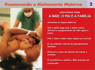 Promovendo o Aleitamento Materno
VANTAGENS PARA
A MÃE, O PAI E A FAMÍLIA
Aumenta os laços afetivos.
Dar o peito logo que o bebê nasce,
diminui o sangramento da mãe após o
parto.
Faz o útero voltar mais rápido ao normal.
É um método natural de planejamento
familiar.
Diminui o risco de câncer de mama e
ovários.
É econômico e prático. Não precisa ser
comprado.
2
Figura 2
 