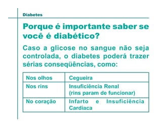 Diabetes


Porque é importante saber se
você é diabético?
Caso a glicose no sangue não seja
controlada, o diabetes poderá trazer
sérias conseqüências, como:
 Nos olhos    Cegueira
 Nos rins     Insuficiência Renal
              (rins param de funcionar)
 No coração   Infarto e     Insuficiência
              Cardíaca
 