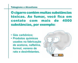 Tabagismo e Alcoolismo

O cigarro contém muitas substâncias
tóxicas. Ao fumar, você fica em
contato com mais de 4000
substâncias, por exemplo:


• Gás carbônico;
• Produtos químicos
  usados na fabricação
  de acetona, naftalina,
  formol, veneno de
  rato e desinfetantes.
 