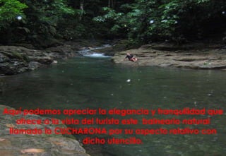 Aquí podemos apreciar la elegancia y tranquilidad que ofrece a la vista del turista este  balneario natural llamado la CUCHARONA por su aspecto relativo con dicho utencilio. 