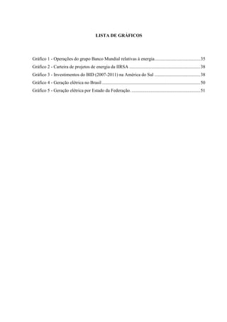 LISTA DE GRÁFICOS
Gráfico 1 - Operações do grupo Banco Mundial relativas à energia........................................35
Gráfico 2 - Carteira de projetos de energia da IIRSA ..............................................................38
Gráfico 3 - Investimentos do BID (2007-2011) na América do Sul ........................................38
Gráfico 4 - Geração elétrica no Brasil......................................................................................50
Gráfico 5 - Geração elétrica por Estado da Federação. ............................................................51
 