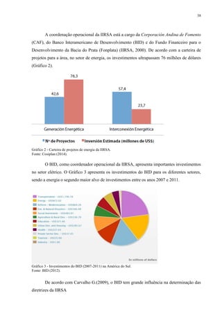 38
A coordenação operacional da IIRSA está a cargo da Corporación Andina de Fomento
(CAF), do Banco Interamericano de Desenvolvimento (BID) e do Fundo Financeiro para o
Desenvolvimento da Bacia do Prata (Fonplata) (IIRSA, 2000). De acordo com a carteira de
projetos para a área, no setor de energia, os investimentos ultrapassam 76 milhões de dólares
(Gráfico 2).
Gráfico 2 - Carteira de projetos de energia da IIRSA.
Fonte: Cosiplan (2014).
O BID, como coordenador operacional da IIRSA, apresenta importantes investimentos
no setor elétrico. O Gráfico 3 apresenta os investimentos do BID para os diferentes setores,
sendo a energia o segundo maior alvo de investimentos entre os anos 2007 e 2011.
Gráfico 3 - Investimentos do BID (2007-2011) na América do Sul.
Fonte: BID (2012).
De acordo com Carvalho G.(2009), o BID tem grande influência na determinação das
diretrizes da IIRSA
 