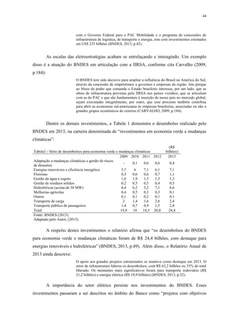 44
com o Governo Federal para o PAC Mobilidade e o programa de concessões de
infraestrutura de logística, de transporte e energia, este com investimentos estimados
em US$ 235 bilhões (BNDES, 2013, p.42).
As escalas das eletroestratégias acabam se entrelaçando e interagindo. Um exemplo
disso é a atuação do BNDES em articulação com a IIRSA, conforme cita Carvalho (2009,
p.184):
O BNDES tem sido decisivo para ampliar a influência do Brasil na América do Sul,
através da concessão de empréstimos a governos e empresas da região. Isto porque
ao bloco de poder que comanda o Estado brasileiro interessa, por um lado, que as
obras de infraestrutura previstas pela IIRSA nos países vizinhos, que se articulam
com as do PAC e que são fundamentais à inserção do nosso país no mercado global,
sejam executadas integralmente; por outro, que esse processo também contribua
para abrir as economias sul-americanas às empresas brasileiras, associadas ou não a
grandes grupos econômicos do exterior (CARVALHO, 2009, p.184).
Dentre os demais investimentos, a Tabela 1 demonstra o desembolso realizado pelo
BNDES em 2013, na carteira denominada de “investimentos em economia verde e mudanças
climáticas”:
Tabela1 - Série de desembolsos para economia verde e mudanças climáticas
(R$
bilhões)
2009 2010 2011 2012 2013
Adaptação a mudanças climáticas e gestão de riscos
de desastres
- 0,1 0,6 0,6 0,4
Energias renováveis e eficiência energética 5,7 6 7,1 6,1 7,1
Florestas 0,3 0,6 0,6 0,7 1,1
Gestão da água e esgoto 1,6 1,9 1,5 1,5 1,3
Gestão de resíduos sólidos 0,2 0,5 0,5 0,4 0,5
Hidrelétricas (acima de 30 MW) 8,4 6,2 5,2 7,1 8,6
Melhorias agrícolas 0,4 0,5 0,3 0,3 0,1
Outros 0,1 0,1 0,2 0,1 0,1
Transporte de carga 2 1,4 1,6 2,6 2,4
Transporte público de passageiros 1,4 0,7 0,9 1,5 2,8
Total 19,9 18 18,5 20,8 24,4
Fonte: BNDES (2013).
Adaptado pelo Autor, (2015).
A respeito destes investimentos o relatório afirma que “os desembolsos do BNDES
para economia verde e mudanças climáticas foram de R$ 24,4 bilhões, com destaque para
energias renováveis e hidrelétricas” (BNDES, 2013, p.49). Além disso, o Relatório Anual de
2013 ainda descreve:
O apoio aos grandes projetos estruturantes se manteve como destaque em 2013. O
setor de infraestrutura liderou os desembolsos, com R$ 62,2 bilhões ou 33% do total
liberado. Os montantes mais significativos foram para transporte rodoviário (R$
21,2 bilhões) e energia elétrica (R$ 19,9 bilhões) (BNDES, 2013, p.32).
A importância do setor elétrico persiste nos investimentos do BNDES. Esses
investimentos passaram a ser descritos no âmbito do Banco como “projetos com objetivos
 