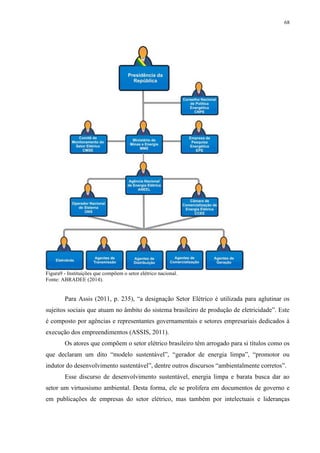 68
Figura9 - Instituições que compõem o setor elétrico nacional.
Fonte: ABRADEE (2014).
Para Assis (2011, p. 235), “a designação Setor Elétrico é utilizada para aglutinar os
sujeitos sociais que atuam no âmbito do sistema brasileiro de produção de eletricidade”. Este
é composto por agências e representantes governamentais e setores empresariais dedicados à
execução dos empreendimentos (ASSIS, 2011).
Os atores que compõem o setor elétrico brasileiro têm arrogado para si títulos como os
que declaram um dito “modelo sustentável”, “gerador de energia limpa”, “promotor ou
indutor do desenvolvimento sustentável”, dentre outros discursos “ambientalmente corretos”.
Esse discurso de desenvolvimento sustentável, energia limpa e barata busca dar ao
setor um virtuosismo ambiental. Desta forma, ele se prolifera em documentos de governo e
em publicações de empresas do setor elétrico, mas também por intelectuais e lideranças
 