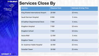 Services Close By
Services Distance from Estimate Driving Time
King Khaled International Airport 20 KM 10 mins.
Saudi German Hospital 8 KM 5 mins.
Al Sadhan Departmental Store 7 KM 5 mins.
Kingdom Hospital 7 KM 10 mins
Kingdom School 7 KM 10 mins
Azizia Mall 12 KM 5 mins
Kingdom Tower 15 KM 20 mins
Dr. Sulaiman Habib Hospital 16 KM 22 mins
Faisaliah Tower 18 KM 25 mins
 