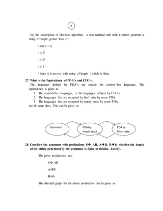 By the assumption of Decision algorithm , a non terminal with rank r cannot generate a
string of length greater than 2r ,
Here r = 0,
l ≤ 2r
l ≤ 20
l ≤ 1
Hence it is proved with string of length 1 which is finite.
27. What is the Equivalence of PDA’s and CFG’s.
The languages defined by PDA’s are exactly the context-free languages. The
equivalence is given as
1. The context-free languages, i.e the languages defined by CFG’s.
2. The languages that are accepted by final state by some PDA.
3. The languages that are accepted by empty stack by some PDA.
are all same class. This can be given as
28. Consider the grammar with productions S AB, AB, Bb. whether the length
of the string generated by the grammar is finite or infinite. Justify.
The given productions are,
S AB
AB
Bb
The directed graph for the above production can be given as
A
Grammar PDA by
emptystack
PDA by
final state
 