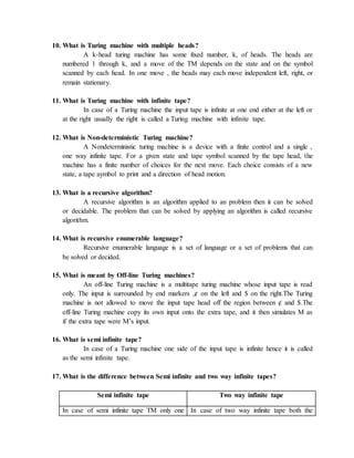10. What is Turing machine with multiple heads?
A k-head turing machine has some fixed number, k, of heads. The heads are
numbered 1 through k, and a move of the TM depends on the state and on the symbol
scanned by each head. In one move , the heads may each move independent left, right, or
remain stationary.
11. What is Turing machine with infinite tape?
In case of a Turing machine the input tape is infinite at one end either at the left or
at the right usually the right is called a Turing machine with infinite tape.
12. What is Non-deterministic Turing machine?
A Nondeterministic turing machine is a device with a finite control and a single ,
one way infinite tape. For a given state and tape symbol scanned by the tape head, the
machine has a finite number of choices for the next move. Each choice consists of a new
state, a tape aymbol to print and a direction of head motion.
13. What is a recursive algorithm?
A recursive algorithm is an algorithm applied to an problem then it can be solved
or decidable. The problem that can be solved by applying an algorithm is called recursive
algorithm.
14. What is recursive enumerable language?
Recursive enumerable language is a set of language or a set of problems that can
be solved or decided.
15. What is meant by Off-line Turing machines?
An off-line Turing machine is a multitape turing machine whose input tape is read
only. The input is surrounded by end markers ,¢ on the left and $ on the right.The Turing
machine is not allowed to move the input tape head off the region between ¢ and $.The
off-line Turing machine copy its own input onto the extra tape, and it then simulates M as
if the extra tape were M’s input.
16. What is semi infinite tape?
In case of a Turing machine one side of the input tape is infinite hence it is called
as the semi infinite tape.
17. What is the difference between Semi infinite and two way infinite tapes?
Semi infinite tape Two way infinite tape
In case of semi infinite tape TM only one In case of two way infinite tape both the
 