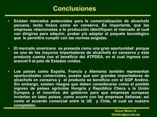 Conclusiones
• Existen mercados potenciales para la comercialización de alcachofa
peruana, tanto fresca como en conserva. Es importante, que las
empresas relacionadas a la producción identifiquen el mercado al cual
van dirigirse para adquirir, probar y/o adaptar el paquete tecnológico
que le permitirá cumplir con las normas exigidas.
• El mercado americano se presenta como una gran oportunidad porque
es uno de los mayores importadores de alcachofa en conserva y éste
producto cuenta con el beneficio del ATPDEA, en el cual ingresa con
arancel 0 al país de Estados unidos.
• Los países como España, Francia y Alemania también representan
oportunidades comerciales, puesto que son grandes importadores de
alcachofa en conserva y el producto se beneficia con el SGP Andino.
Sin embargo, existen riesgos que deben considerarse como el posible
ingreso de países agrícolas Hungría y República Checa a la Unión
Europea y el incentivo del gobierno para que empresas europeas
inviertan en tales países, como ocurre con las empresas italianas; así
como el acuerdo comercial entre la UE y Chile, el cual es nuestro
competidor.
Oscar Malca G.
Omalca@up.edu.pe
 