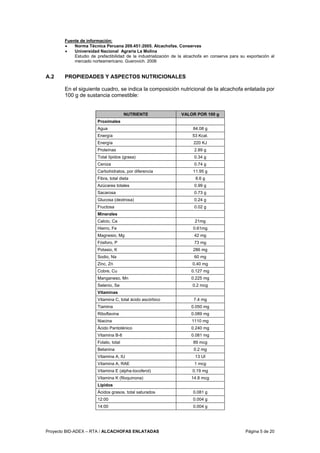 Proyecto BID-ADEX – RTA / ALCACHOFAS ENLATADAS Página 5 de 20
Fuente de información:
• Norma Técnica Peruana 209.451:2005. Alcachofas. Conservas
• Universidad Nacional Agraria La Molina
Estudio de prefactibilidad de la industrialización de la alcachofa en conserva para su exportación al
mercado norteamericano. Guerovich. 2006
A.2 PROPIEDADES Y ASPECTOS NUTRICIONALES
En el siguiente cuadro, se indica la composición nutricional de la alcachofa enlatada por
100 g de sustancia comestible:
NUTRIENTE VALOR POR 100 g
Proximales
Agua 84.08 g
Energía 53 Kcal.
Energía 220 KJ
Proteínas 2.89 g
Total lípidos (grasa) 0.34 g
Ceniza 0.74 g
Carbohidratos, por diferencia 11.95 g
Fibra, total dieta 8.6 g
Azúcares totales 0.99 g
Sacarosa 0.73 g
Glucosa (dextrosa) 0.24 g
Fructosa 0.02 g
Minerales
Calcio, Ca 21mg
Hierro, Fe 0.61mg
Magnesio, Mg 42 mg
Fósforo, P 73 mg
Potasio, K 286 mg
Sodio, Na 60 mg
Zinc, Zn 0.40 mg
Cobre, Cu 0.127 mg
Manganeso, Mn 0.225 mg
Selenio, Se 0.2 mcg
Vitaminas
Vitamina C, total ácido ascórbico 7.4 mg
Tiamina 0.050 mg
Riboflavina 0.089 mg
Niacina 1110 mg
Ácido Pantoténico 0.240 mg
Vitamina B-6 0.081 mg
Folato, total 89 mcg
Betanina 0.2 mg
Vitamina A, IU 13 UI
Vitamina A, RAE 1 mcg
Vitamina E (alpha-tocoferol) 0.19 mg
Vitamina K (filoquinona) 14.8 mcg
Lípidos
Ácidos grasos, total saturados 0.081 g
12:00 0.004 g
14:00 0.004 g
 