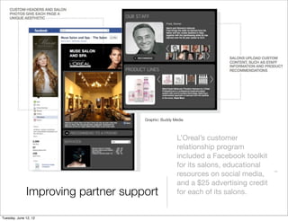 Graphic: Buddy Media



                                                    L’Oreal’s customer
                                                    relationship program
                                                    included a Facebook toolkit
                                                    for its salons, educational
                                                    resources on social media,
                                                    and a $25 advertising credit
              Improving partner support             for each of its salons.


Tuesday, June 12, 12
 