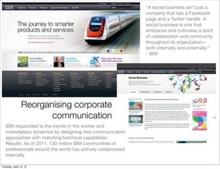 “A social business isn't just a
                                                              company that has a Facebook
                                                              page and a Twitter handle. A
                                                              social business is one that
                                                              embraces and cultivates a spirit
                                                              of collaboration and community
                                                              throughout its organization—
                                                              both internally and externally.”
                                                              - IBM




               Reorganising corporate
                      communication
   IBM responded to the trends in the worker and
   marketplace dynamics by designing new communication
   approaches with matching technical capabilities.
   Results: As of 2011, 130 million IBM communities of
   professionals around the world has actively collaborated
   internally

Tuesday, June 12, 12
 