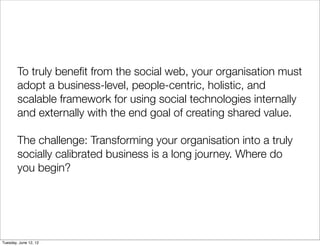 To truly beneﬁt from the social web, your organisation must
        adopt a business-level, people-centric, holistic, and
        scalable framework for using social technologies internally
        and externally with the end goal of creating shared value.

        The challenge: Transforming your organisation into a truly
        socially calibrated business is a long journey. Where do
        you begin?




Tuesday, June 12, 12
 