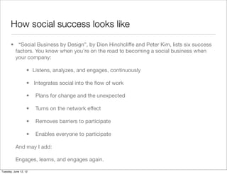 How social success looks like

       • “Social Business by Design”, by Dion Hinchcliffe and Peter Kim, lists six success
        factors. You know when you’re on the road to becoming a social business when
        your company:

                   • Listens, analyzes, and engages, continuously

                   • Integrates social into the ﬂow of work

                   •   Plans for change and the unexpected

                   •   Turns on the network effect

                   •   Removes barriers to participate

                   •   Enables everyone to participate

          And may I add:

          Engages, learns, and engages again.

Tuesday, June 12, 12
 