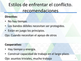 Estilos de enfrentar el conflicto. recomendaciones Directivo: No hay tiempo. Los bandos débiles necesitan ser protegidos. Están en juego los principios. Ojo: Cuando necesitan el apoyo de otros Cooperativo: Hay tiempo y energía. Construir capacidad de trabajo en el largo plazo. Ojo: asuntos triviales, mucho trabajo 