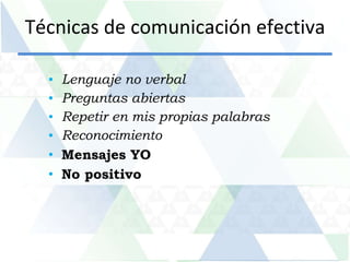 Técnicas de comunicación efectiva Lenguaje no verbal Preguntas abiertas Repetir en mis propias palabras Reconocimiento  Mensajes YO No positivo  