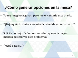 ¿ Cómo generar opciones en la mesa?  Yo me imagino algunas, pero me encantaría escucharlo. “ ¿Bajo qué circunstancias estaría usted de acuerdo con…? Solicita consejo: “¿Cómo cree usted que es la mejor manera de resolver este problema?  “ ¿Qué pasa si…?  