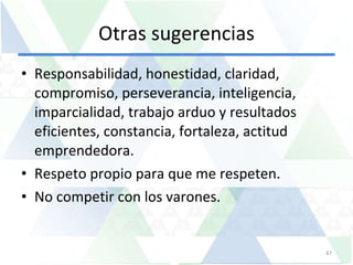 Otras sugerencias Responsabilidad, honestidad, claridad, compromiso, perseverancia, inteligencia, imparcialidad, trabajo arduo y resultados eficientes, constancia, fortaleza, actitud emprendedora. Respeto propio para que me respeten. No competir con los varones.  