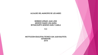 ALCALDES DEL MUNICIPIO DE LOS ANDES
BORBOEZ APRAEZ JUAN JOSE
MENESES RAMOS LINA MARIA
BETANCOURTH MENESES DARLY CAMILA
8.2
INSTITUCION EDUCATIVA TECNICO SAN JUAN BAUTISTA
SOTOMAYOR
2018
 