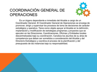 COORDINACIÓN GENERAL DE
OPERACIONES
Es un órgano dependiente e inmediato del Alcalde a cargo de un
Coordinador General. El...