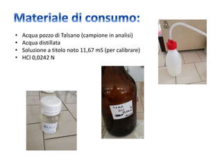 • Acqua pozzo di Talsano (campione in analisi)
• Acqua distillata
• Soluzione a titolo noto 11,67 mS (per calibrare)
• HCl 0,0242 N
 