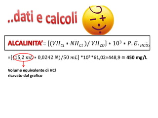 = (𝑉𝐻 𝐶𝑙 ∗ 𝑁𝐻 𝐶𝑙 )/ 𝑉𝐻2𝑂 ∗ 103 ∗ 𝑃. 𝐸. 𝐻𝐶𝑂3
= (15,2 𝑚𝐿 ∗ 0,0242 𝑁)/50 𝑚𝐿 *103 *61,02=448,9 ≅ 450 mg/L
Volume equivalente di HCl
ricavato dal grafico
 
