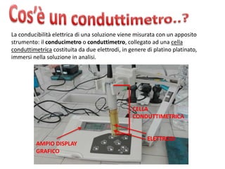 La conducibilità elettrica di una soluzione viene misurata con un apposito
strumento: il conducimetro o conduttimetro, collegato ad una cella
conduttimetrica costituita da due elettrodi, in genere di platino platinato,
immersi nella soluzione in analisi.
CELLA
CONDUTTIMETRICA
AMPIO DISPLAY
GRAFICO
 
