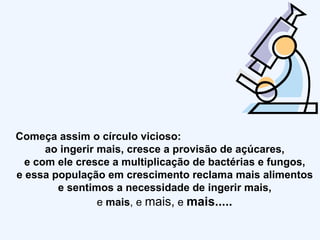 Começa assim o círculo vicioso: ao ingerir mais, cresce a provisão de açúcares,  e com ele cresce a multiplicação de bactérias e fungos,  e essa população em crescimento reclama mais alimentos  e sentimos a necessidade de ingerir mais,  e  mais , e  mais,  e  mais.....  
