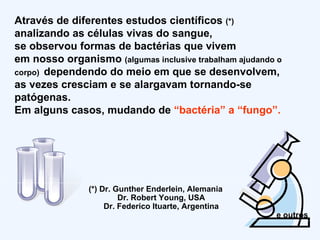 Através de diferentes estudos científicos  (*) analizando as células vivas do sangue,  se observou formas de bactérias que vivem  em nosso organismo  (algumas inclusive trabalham ajudando o corpo)  dependendo do meio em que se desenvolvem,  as vezes cresciam e se alargavam tornando-se patógenas.  Em alguns casos, mudando de  “bactéria” a “fungo”.  (*) Dr. Gunther Enderlein, Alemania Dr. Robert Young, USA Dr. Federico Ituarte, Argentina e outros 
