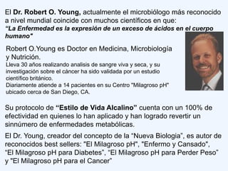 El Dr. Robert O. Young, actualmente el microbiólogo más reconocido
a nivel mundial coincide con muchos científicos en que:
“La Enfermedad es la expresión de un exceso de ácidos en el cuerpo
humano"

Robert O.Young es Doctor en Medicina, Microbiología
y Nutrición.
Lleva 30 años realizando analisis de sangre viva y seca, y su
investigación sobre el cáncer ha sido validada por un estudio
científico británico.
Diariamente atiende a 14 pacientes en su Centro "Milagroso pH"
ubicado cerca de San Diego, CA.

Su protocolo de “Estilo de Vida Alcalino” cuenta con un 100% de
efectividad en quienes lo han aplicado y han logrado revertir un
sinnúmero de enfermedades metabólicas.
El Dr. Young, creador del concepto de la “Nueva Biologia”, es autor de
reconocidos best sellers: "El Milagroso pH", "Enfermo y Cansado",
“El Milagroso pH para Diabetes”, “El Milagroso pH para Perder Peso”
y "El Milagroso pH para el Cancer”
 