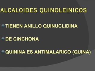 ALCALOIDES QUINOLEINICOS TIENEN ANILLO QUINUCLIDINA DE CINCHONA QUININA ES ANTIMALARICO (QUINA) 