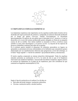 63
                                                                          +   CH3
                                                                          N




                                                                                  CH2OH
                                                 N
                                   HOH2C


                                                              N

                                        +
                                  H3C   N




                                             Toxiferina I


5.3 TRIPTAMINAS COMPLEJAS ISOPRÉNICAS

Las triptaminas isoprénicas más importantes son las ergolinas nombre dado al núcleo de los
alcaloides del ergot (cornesuelo de centeno) y comprende el esclerocio desecado producido
por el hongo del género Claviceps, Familia Clavicipitaceae, se encuentran
aproximadamente 50 especies de este género pero el principal es la C. purpurea, el cual se
desarrolla en lo ovario del centeno produciendo granos alargados en forma de un pequeño
cuerno de ahí su nombre. Este núcleo también se encuentra en Rivea corimbosa cuyas
semillas se usan como alucinógenos y en Ipomea tricolor. La mayoría de las especies de
Ipomoeas (batatillas) contienen derivados de la ergolina.
En la primera guerra mundial al almacenar los alimentos perecederos en lugares no
apropiados se presentaron diversas enfermedades en los habitantes que consumieron granos
almacenados por sus manifestaciones dolorosas tipo gangrenosas a nivel del estómago, se
le llamó “fuego sagrado” o “mal de los ardientes” que producían delirio y alucinaciones.

El núcleo ergolina comprende un sistema tetracíclico dinitrogenado. Todas las ergolinas
naturales presentan un sustituyente en C-8 y la razón de esto es que el la biogénesis
intervienen una unidad de triptofano y una de ácido mevalónico (isopreno), algunos autores
no incluyen las triptaminas en el grupo de las isoprénicas, pues solo consideran las que
contienen un fragmento monoterpénico (C10).
                                                                  8
                                                      9                       7

                                                     10           D           6
                                                                          N
                                                                      5
                                            A         C
                                                                      4
                                                              3
                                                 B
                                            HN
                                             1            2


Según el tipo de sustitución en el carbono 8 se dividen en:
• Derivados del ácido lisérgico: sustitución carboxílica.
• Clavinas: sustitución metilo o alcohol metilico
 
