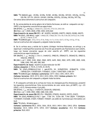 81
      13
RMN C (DMSO) ppm : 24.99s, 32.45s, 51.58t, 69.90s, 101.40s, 107.83t, 115.24q, 121.51q,
         126.78t, 127.71t, 128.31t, 124.82t, 128.59q, 129.97q, 132.66q, 142.91q, 147.73q.
Con estos datos determine la estructura del compuesto.

5. De varias plantas de varios género de la familia Cactaceae, se aisló un compuesto con mp =
244ºC y las siguientes características espectrales:
UV (EtOH), λ max. nm (log ε): 220sh(3.81), 222(3.85), 277(3.23), 285(3.20)
IR (film) ν cm-1= 2920, 2830, 2780, 1420, 1215,1160
Espectrometría de masas EM (IE) = M+: 163(53), 162(100), 134(77), 118(21), 91(48), 44(27).
RMN 1H (CDCl3, 200 MHz), δ ppm : 3.09t(6) 2H; 3.50t(6) 2H; 3.81s 3H; 4.30s 2H; 6.87d (2) 1H, 6.90d
          (8) 1H; 7.17dd (8; 2) 1H.
RMN 13C (DMSO) ppm : 29.2s, 43.5s, 47.4s, 54.8p, 111.7t, 113.4t, 126.7t, 127.8q, 135.5q, 157.4q
Cual es la estructura del compuesto y asígnele todos los datos.

6. De la corteza seca y molida de la planta Sickingia tinctorea Rubiaceae, se extrajo y se
separó por cromatografías sucesivas una fracción que presenta una fluorescencia azul-celeste,
luego con hexano precipitan agujas de color amarillo pf.: 205ºC, con las siguientes
características espectroscópicas:
UV (MeOH), λ max. nm (log ε): 234(4.5), 240sh(4.2), 248(3.9), 255sh(3.7), 283sh(2.5), 288(3.1),
          336(1.8), 348(1.8).
IR (KBr) ν cm-1= 3440, 3130, 3060, 2960, 2870, 1625, 1565, 1502, 1475, 1455, 1405, 1328,
          1288, 1240, 745, 640, 590, 565.
Espectrometría de masas muestra un peso molecular de 182
Análisis elemental: C: 79.1%, H: 5.5%, N: 15.4%
RMN 1H (CDCl3,200MHz),(J:Hz) δ ppm:8.57s 1H, 8.40d(5.5)1H; 8.08dd(7.8, 1.2)1H,
          7.85t(8.2)1H, 7.52d(5.5)1H, 7.51dd(8.2, 1.2)1H, 7.30t(7.8)1H, 2.83s 3H
      13
RMN C (DMSO) ppm :Carbonos cuaternarios: 127.7, 136.2, 134.1, 142.4, 147.1
Carbonos terciarios: 110.5, 117.9, 119.2, 121.0, 120.6, 139.0 Carbono primario: 16.1
Cual es la estructura del compuesto y asígnele todos los datos.

7. El compuesto extraído de la corteza de tronco de Unonopsis pacifica Annonaceae, presentó
las siguientes características: Polvo microcristalino de color verde claro, pf:280ºC, α]D= +23
(CDCl3, c=0.7), fórmula mínima: C18H16NO2.
UV (EtOH), λ max. nm (log ε): 256sh(4.17), 263(4.19), 328(3.82).
IR (film) ν cm-1= 3340, 1592, 1488, 1380, 1110, 1010.
Espectrometría de masas EM (IE) (%) = 556(100), 279(20), 263(22), 247(7), 233(7).
RMN 1H (CDCl3,400MHz),(J:Hz) δ ppm : 7.10s 2H, 3.22m 8H, 7.14d (8)2H, 7.20t(8)2H,
7.33t(8)2H, 9.62dd(8, 2.5)2H, 4.00s6H, 4.06s6H, una señal de 2 protones que intercambia con
D2O.
RMN 13C (CDCl3, 50 MHz) ppm δ:
Carbonos cuaternarios:146.2, 125.6, 118.6, 151.8, 130.3, 140.4, 118.6, 134.0, 125.6 Carbonos
terciarios: 112.3, 128.8, 127.4, 124.0, 122.7 Carbonos secundarios: 31.3, 41.3 Carbonos
primarios: 56.8, 60.0
 