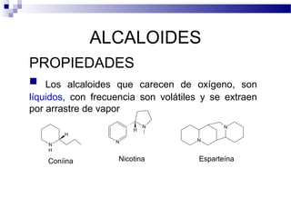 ALCALOIDES 
PROPIEDADES 
 Los alcaloides que carecen de oxígeno, son 
líquidos, con frecuencia son volátiles y se extraen 
por arrastre de vapor 
NH 
H 
N 
N 
H 
Coníina Nicotina 
N 
N 
Esparteína 
 