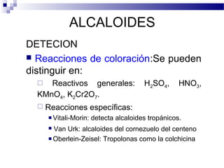 ALCALOIDES 
DETECION 
 Reacciones de coloración:Se pueden 
distinguir en: 
 Reactivos generales: H2SO4, HNO3, 
KMnO4, K2Cr2O7. 
 Reacciones específicas: 
 Vitali-Morin: detecta alcaloides tropánicos. 
 Van Urk: alcaloides del cornezuelo del centeno 
 Oberlein-Zeisel: Tropolonas como la colchicina 
 
