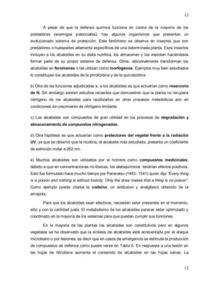 12
12
A pesar de que la defensa química funciona en contra de la mayoría de los
predadores (enemigos potenciales), hay algunos organismos que presentan un
evolucionado sistema de protección. Este fenómeno se observa en insectos que son
predadores o huéspedes altamente específicos de una determinada planta. Esos insectos
incluyen a los alcaloides en su dieta nutritiva, los almacenan y los explotan haciéndolos
formar parte de su propio sistema de defensa. Otros, adicionalmente transforman los
alcaloides en feromonas o las utilizan como morfógenos. Ejemplos muy bien estudiados
lo constituyen los alcaloides de la pirrolizidina y de la quinolizidina.
b) Otra de las funciones adjudicadas e. a los alcaloides es que actuarían como reservorio
de N. Sin embargo existen estudios recientes que demuestran que la planta no recupera
nitrógeno de los alcaloides para reutilizarlos en otros procesos metabólicos aún en
condiciones de crecimiento de nitrógeno limitante.
c) Los alcaloides son compuestos de gran utilidad en los procesos de degradación y
almacenamiento de compuestos nitrogenados.
d) Otra hipótesis es que actuarían como protectores del vegetal frente a la radiación
UV, ya que se observó que la nicotina, el alcaloide más estudiado, presenta un coeficiente
de extinción molar a 262 nm.
e) Muchos alcaloides son utilizados por el hombre como compuestos medicinales,
debido a que en concentraciones no-tóxicas, los aleloquímicos tendrían efectos positivos.
Esto fue formulado hace mucho tiempo por Paracelso (1493- 1541) quien dijo “Every thing
is a poison and nothing is without toxicity. Only the dose makes that a thing is no poison”.
Como ejemplo puede citarse la codeína, un antitusivo y analgésico obtenido de la
amapola.
Para que los alcaloides sean efectivos, necesitan estar presentes en el momento,
sitio y con la cantidad justa. El metabolismo de los alcaloides parecer estar optimizado y
coordinado en la mayoría de los sistemas para que puedan cumplir sus funciones.
En la mayoría de las plantas los alcaloides son constitutivos pero en algunos
vegetales se ha observado que la síntesis de alcaloides está acrecentada por el ataque
microbiano o por lesiones; es decir que en casos de emergencia se estimula la producción
de compuestos de defensa como puede verse en Tabla 6. En respuesta a una lesión en
las hojas de Nicotiana aumenta el contenido de alcaloides en las hojas sanas. La
 