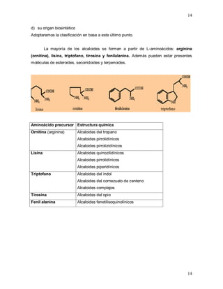 14
14
d) su origen biosintético
Adoptaremos la clasificación en base a este último punto.
La mayoría de los alcaloides se forman a partir de L-aminoácidos: arginina
(ornitina), lisina, triptofano, tirosina y fenilalanina. Además pueden estar presentes
moléculas de esteroides, secoiridoides y terpenoides.
Aminoácido precursor Estructura química
Ornitina (arginina) Alcaloides del tropano
Alcaloides pirrolidínicos
Alcaloides pirrolizidínicos
Lisina Alcaloides quinozilidínicos
Alcaloides pirrolidínicos
Alcaloides piperidínicos
Triptofano Alcaloides del indol
Alcaloides del cornezuelo de centeno
Alcaloides complejos
Tirosina Alcaloides del opio
Fenil alanina Alcaloides fenetilisoquinolínicos
 