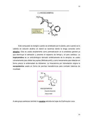 18
18
Este compuesto es levógiro cuando es sintetizado por la planta, pero cuando se lo
calienta en solución alcalina en etanol se racemiza dando la droga conocida como
atropina. Esta es usada ampliamente como premedicación en la anestesia general ya
que disminuye la salivación y previene el espasmo de laringe y el paro cardíaco. La
tropicamidina es un anticolinérgico derivado sintéticamente de la atropina, es usado
rutinariamente para dilatar las pupilas (Midriaticum®) y como herramienta para detectar en
forma precoz la enfermedad de Alzheimer. La hiosciamina por hidroxilación origina la
escopolamina usada en forma de parches transdérmicos para combatir tratornos de
movilidad.
A este grupo pertenece también la cocaína extraída de hojas de Erythroxylon coca.
 