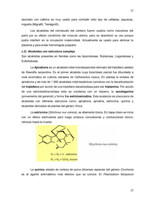 25
25
asociado con cafeína es muy usado para combatir todo tipo de cefaleas, jaquecas,
migraña (Migral®, Tetralgin®).
Los alcaloides del cornezuelo del centeno fueron usados como inductores del
parto por su efecto constrictor del músculo uterino, pero se abandonó su uso porque
podía interferir en la circulación maternofetal. Actualmente es usado para eliminar la
placenta y para evitar hemorragias posparto.
c.3) Alcaloides con estructura compleja
Son alcaloides presentes en familias como las Apocináceas, Rubiáceas, Loganiáceas y
Euforbiáceas.
La Ajmalicina es un alcaloide indol-monoterpenoide derivado del triptofano aislado
de Rawolfia serpentina. Es el primer alcaloide cuya biosíntesis parcial fue dilucidada a
nivel enzimático en cultivos celulares de Catharantus roseus. En plantas la síntesis de
ajmalicina y de más de 1 800 alcaloides indol-terpénicos comienza con la decarboxilación
del triptofano por acción de una triptofano decarboxilasa para dar triptamina. Por acción
de una estrictosidina-sintasa ésta se condensa con un terpeno, la secologanina
(proveniente del geraniol) y forma 3-α estrictosicodina. Esta sustancia es precursora de
alcaloides con diferente estructura como: ajmalicina, ajmalina, estricnina, quinina y
alcaloides derivados de plantas del género Vinca.
La estricnina (Strichnus nux vomica), es altamente tóxica. En bajas dosis se inicia
con un efecto estimulante pero luego produce convulsiones y contracciones tónico-
clónicas hasta la muerte.
La quinina aislada de corteza de quina (diversas especies del género Cinchona)
es el agente antimalárico más efectivo que se conoce. El Plasmodium falciparum
 