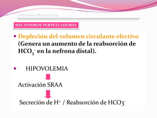  Depleción del volumen circulante efectivo
(Genera un aumento de la reabsorción de
HCO3
- en la nefrona distal).
 HIPOVO...