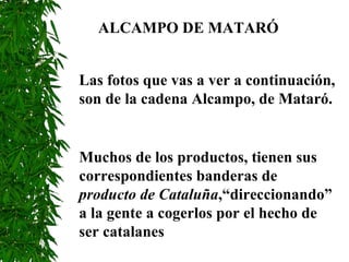 Muchos de los productos, tienen sus correspondientes banderas de  producto de Cataluña ,“direccionando” a la gente a cogerlos por el hecho de ser catalanes ALCAMPO DE MATARÓ Las fotos que vas a ver a continuación, son de la cadena Alcampo, de Mataró. 