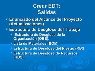 Crear EDT:Crear EDT:
SalidasSalidas
 Enunciado del Alcance del ProyectoEnunciado del Alcance del Proyecto
(Actualizaciones)(Actualizaciones)
 Estructura de Desglose del TrabajoEstructura de Desglose del Trabajo

Estructura de Desglose de laEstructura de Desglose de la
Organización (OBS).Organización (OBS).

Lista de Materiales (BOM).Lista de Materiales (BOM).

Estructura de Desglose del Riesgo (RBSEstructura de Desglose del Riesgo (RBS

Estructura de Desglose de RecursosEstructura de Desglose de Recursos
(RBS).(RBS).
 